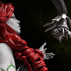 May include: A statue of a woman with red hair and a green vine tattoo on her arm. She is reaching towards a detailed, metallic flower-like sculpture. The background is dark with hints of jungle foliage and a leopard.