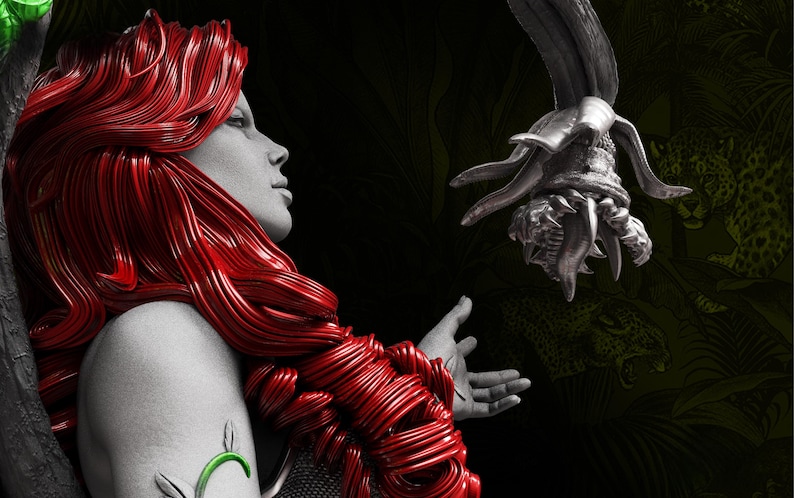 May include: A statue of a woman with red hair and a green vine tattoo on her arm. She is reaching towards a detailed, metallic flower-like sculpture. The background is dark with hints of jungle foliage and a leopard.