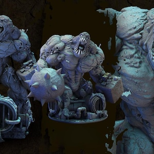 May include: A detailed, grey statue of Clayface from the Batman universe. The figure is muscular, with an open mouth revealing sharp teeth, and holds a spiked ball. The Batman logo is in the upper left corner.