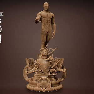Peut inclure: Statue en résine détaillée représentant une figure musclée en l'air au-dessus d'une figure en train de se briser. La statue est un modèle à l'échelle 1/6, pré-supporté pour un assemblage facile. La base présente des détails mécaniques complexes.