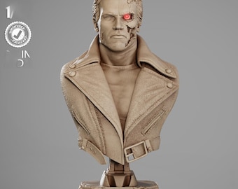 Op de afbeelding: Gedetailleerde buste van een cyborg met een beschadigd gezicht en een gloeiend rood oog. De figuur draagt een bruine leren jas en een coltrui. De basis van de buste luidt "TERMINATOR".