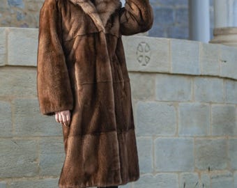 Demi-Buff äkta minkpälskappa för kvinnor | Sable Hood ankellång lyxig överrock