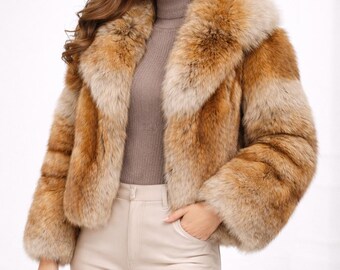 Brun kort vinterkappa i äkta rävpäls för kvinnor | Lyxjacka