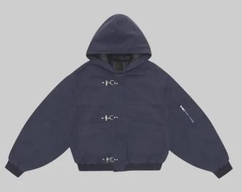Kraftig marinblå Toggle Coat - Ullduffeljacka med huva - Unisex Streetwear Vinterparkas
