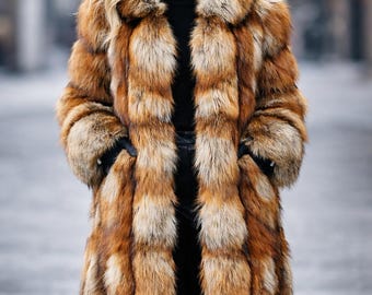 Lång rävpälskappa för kvinnor – Handgjord lyxig vinteröverrock