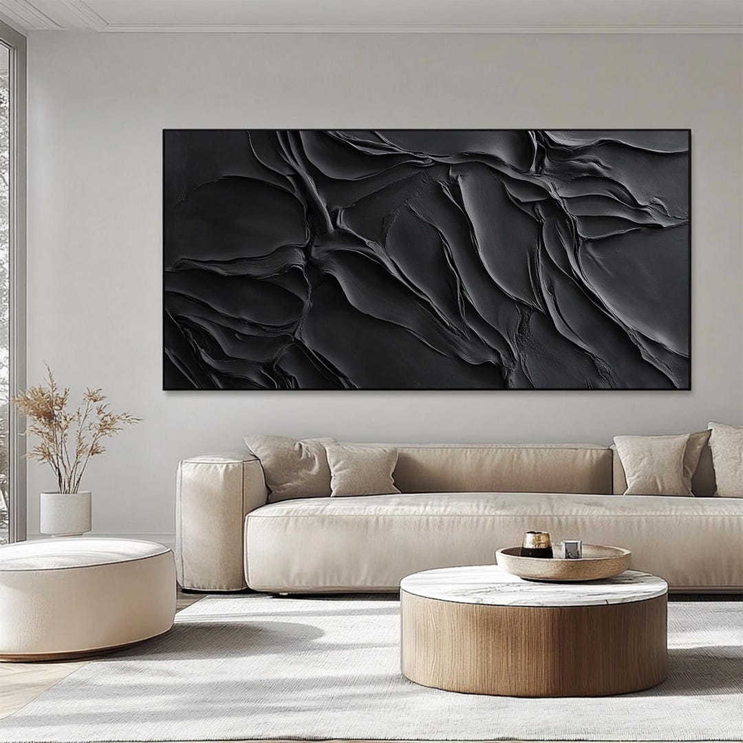 Large All Black 3D Abstract Painting: Texture Wabi-sabi Wall Art - Etsy
