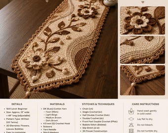 Crochet Table Runner Pattern PDF, 3D Floral Runner Pattern, Beginner Crochet Home Decor, Sunflower Lace Runner, Farmhouse Table Decor