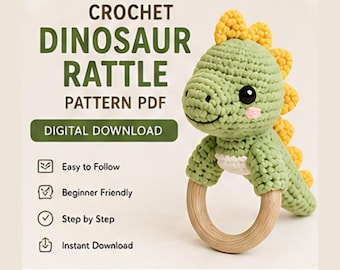Crochet Dinosaur Rattle Pattern PDF, Baby Dino Amigurumi Tutorial, Easy Crochet Baby Toy Pattern, Dinosaur Teether Crochet Pattern Download