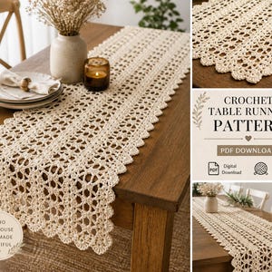 May include: A cream-colored, crocheted table runner with a scalloped edge is displayed on a wooden table. The runner has an open, lacy design. The words "CROCHET TABLE RUNNER PATTERN" are visible in the image.