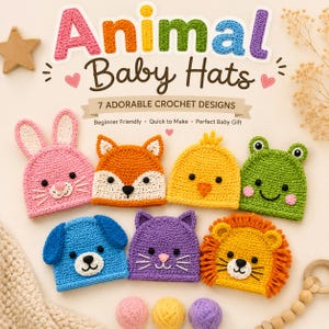Crochet Animal Baby Hat Pattern Bundle | 7 Baby Beanie Patterns | Bunny Fox Frog Lion Puppy Cat Chick Hats | PDF Crochet Pattern