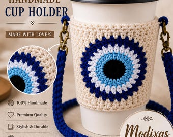 Evil Eye Crochet Coffee Cup Holder Pattern PDF | Boho Coffee Sleeve Crochet Pattern | Eye Cup Cozy With Strap | Handmade Gift Pattern