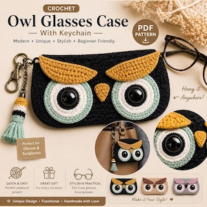 Può includere: Astuccio per occhiali a forma di gufo in crochet nero, con dettagli gialli e verdi, e un portachiavi con nappa. L'astuccio è progettato per occhiali e occhiali da sole. Il testo sull'immagine dice "Owl Glasses Case".