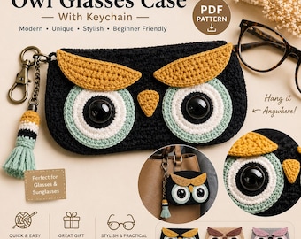 Crochet Glasses Case Pattern PDF | Owl Eyeglass Pouch with Keychain | Modern Sunglasses Sleeve | Unique Graphic Design | Beginner Friendly