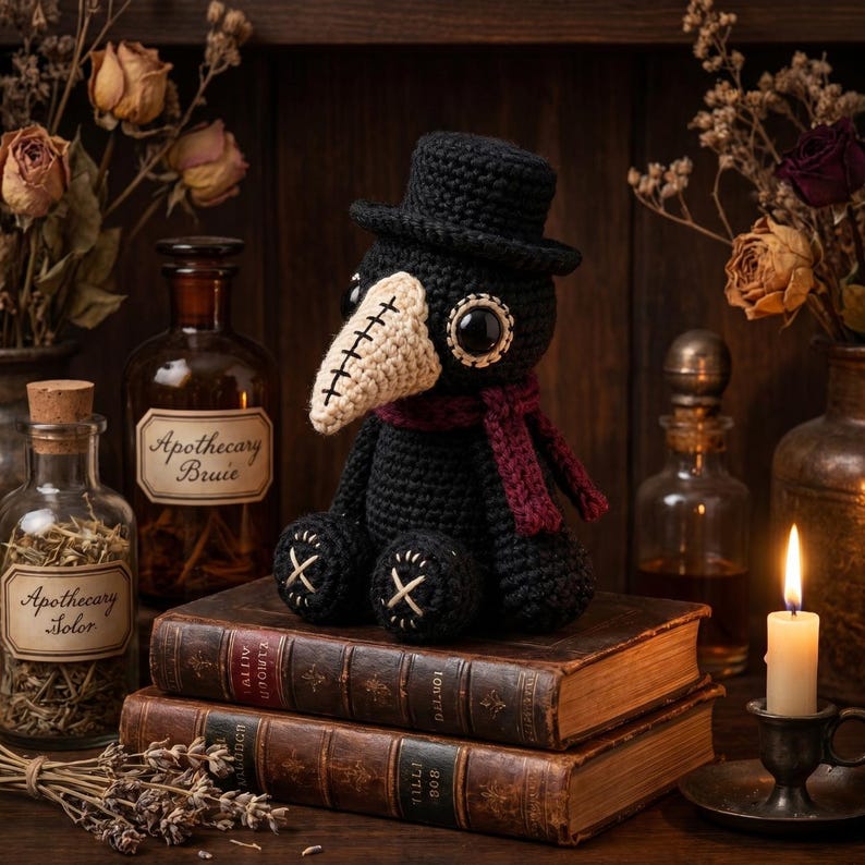 May include: A black crocheted plague doctor doll wearing a top hat and a dark red scarf. The doll features a beige beak with black stitching, large round eyes, and black feet with white cross-stitch detailing, sitting atop two stacked vintage books.