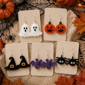 Mönsterpaket med virkade örhängen för Halloween, spökpumpa och häxhatt, fladdermus och spindel, amigurumi-smycken i PDF-format, söt höstvirkning, direktnedladdning
