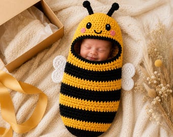 Crochet Bee Cocoon Pattern, Newborn Bee Photo Prop Crochet Pattern, Baby Cocoon Crochet Pattern PDF, Bumble Bee Baby Costume