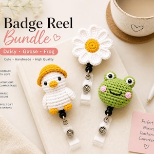 May include: A bundle of three handmade badge reels: a white daisy, a green frog, and a white goose wearing a yellow hat. The reels are attached to retractable badge holders. The image includes text that says "3 Badge Reel Bundle".