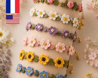 Crochet Flower Bracelet Pattern Bundle, Floral Jewelry PDF Tutorial, Daisy Lavender Rose Sunflower Crochet Patterns, Gift Set for her