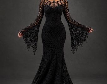 Midnight Veil Crochet Dress Pattern PDF | Gothic Halloween Dress Pattern | Spiderweb Lace Crochet Gown | Bell Sleeve Witch Dress |