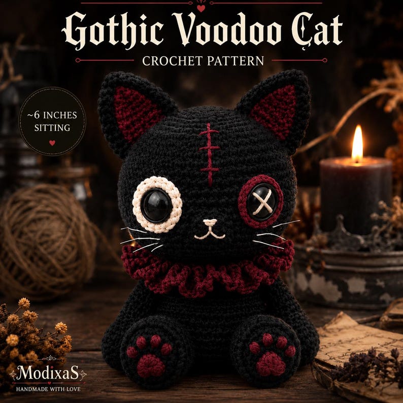 May include: A black crochet cat doll with a red ruffled collar, one white-rimmed eye, one red button eye, and a red stitched forehead mark. The cat has red paw pads and measures approximately 6 inches tall when sitting. Text reads Gothic Voodoo Cat.