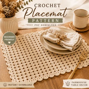 May include: A cream-colored, crocheted placemat with a scalloped edge. The image includes a plate with a napkin, a mug, and a gold fork. Text on the image reads "CROCHET Placemat PATTERN PDF DOWNLOAD" and "BEGINNER FRIENDLY".