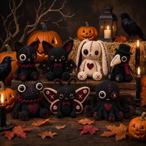 May include: A collection of seven crocheted plush toys including a black cat, a bat, a cream-colored rabbit, a plague doctor, a frog, a moth, and an octopus, all featuring stitched details, dark color palettes, and heart-shaped accents.