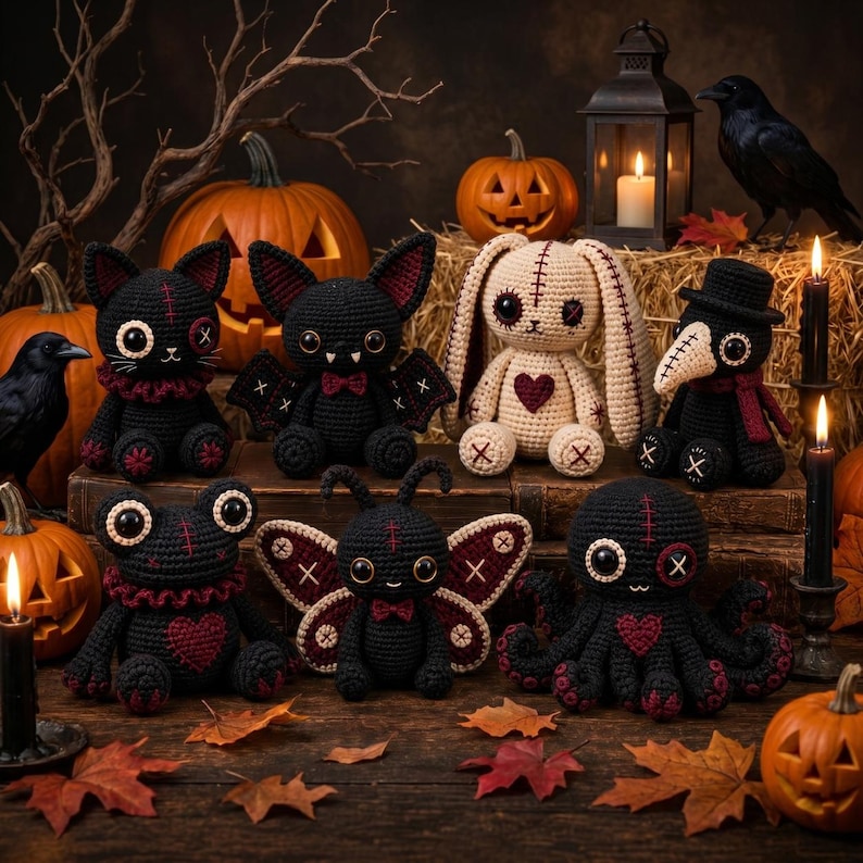 May include: A collection of seven crocheted plush toys including a black cat, a bat, a cream-colored rabbit, a plague doctor, a frog, a moth, and an octopus, all featuring stitched details, dark color palettes, and heart-shaped accents.