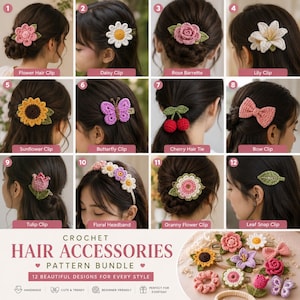 May include: A collection of crochet hair accessories, including flower clips, a daisy clip, rose barrette, lily clip, sunflower clip, butterfly clip, cherry hair tie, bow clip, tulip clip, floral headband, granny flower clip, and leaf snap clip. The text reads "CROCHET HAIR ACCESSORIES PATTERN BUNDLE".