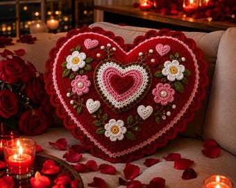 Crochet Heart Pillow Pattern, Floral Valentine Cushion PDF, Romantic Heart Decor, Scarlet Bloom Crochet Pattern