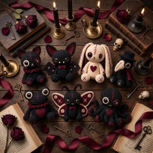 May include: A collection of seven crocheted plush toys including a black cat, a bat, a cream-colored rabbit, a plague doctor, a frog, a moth, and an octopus, arranged with dark red roses, vintage books, metal keys, and candles.