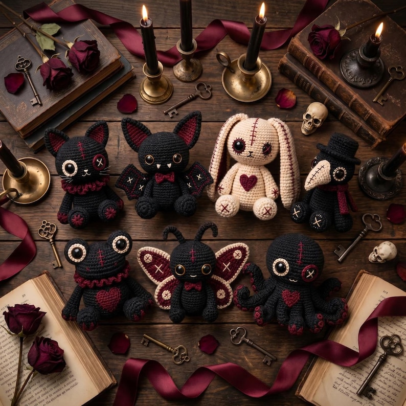 May include: A collection of seven crocheted plush toys including a black cat, a bat, a cream-colored rabbit, a plague doctor, a frog, a moth, and an octopus, arranged with dark red roses, vintage books, metal keys, and candles.
