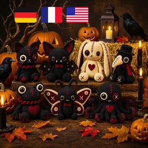 Ensemble de patrons de crochet PDF pour amigurumi gothique vaudou | Chat, chauve-souris, lapin, grenouille, papillon de nuit, pieuvre, médecin de la peste | Collection de peluches gothiques d'Halloween