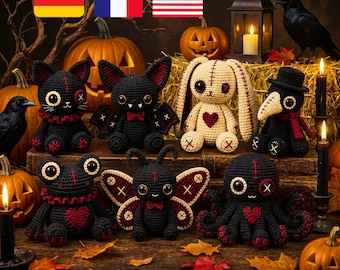 Gothic Voodoo Amigurumi Bundle Crochet Pattern PDF | Cat Bat Bunny Frog Moth Octopus Plague Doctor | Halloween Goth Plush Collection