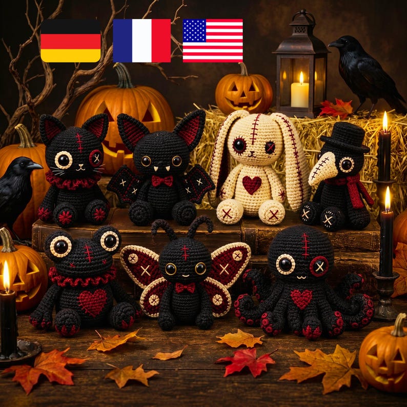 Gothic Voodoo Amigurumi Bundle Crochet Pattern PDF | Cat Bat Bunny Frog Moth Octopus Plague Doctor | Halloween Goth Plush Collection image 1
