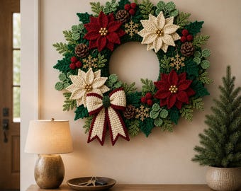 Crochet Christmas Wreath Pattern, Poinsettia Wreath Crochet Pattern, Holiday Door Decor, Christmas Crochet PDF, DIY Wreath Pattern