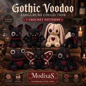 May include: A collection of seven crochet amigurumi patterns titled Gothic Voodoo Amigurumi Collection. The image displays six crocheted figures including a cat, bat, rabbit, plague doctor, frog, and octopus, all featuring dark colors and stitched details.