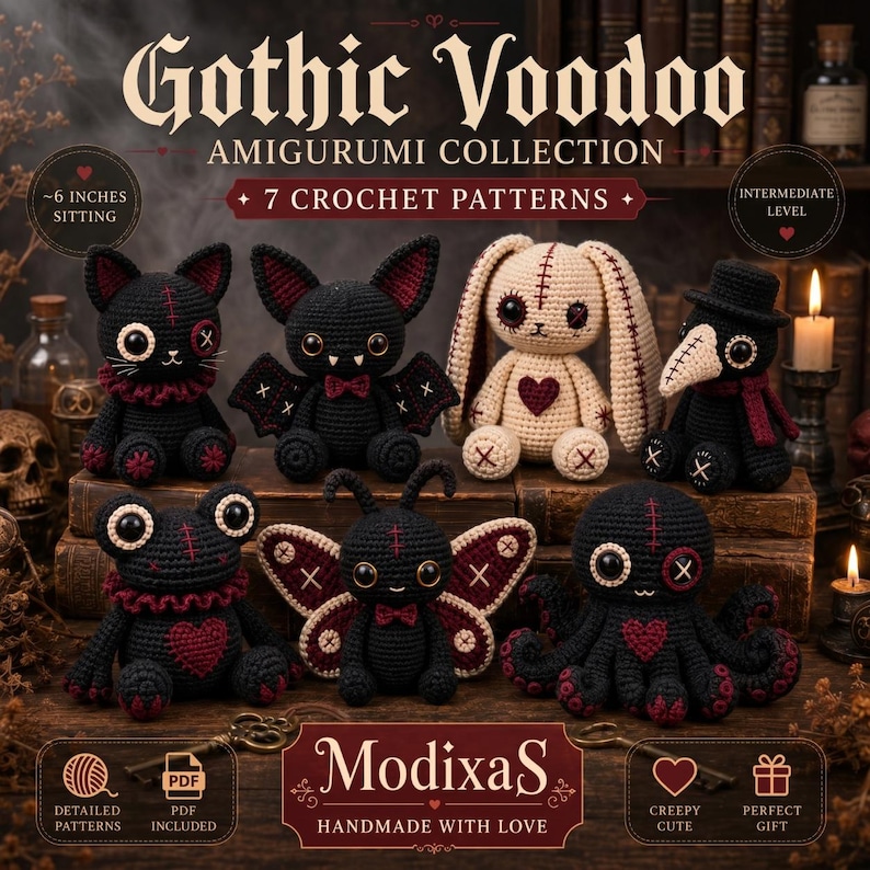 May include: A collection of seven crochet amigurumi patterns titled Gothic Voodoo Amigurumi Collection. The image displays six crocheted figures including a cat, bat, rabbit, plague doctor, frog, and octopus, all featuring dark colors and stitched details.