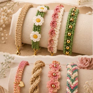 May include: A collection of crochet bracelets in various designs, including daisy, scalloped, and braided patterns. The bracelets feature a range of colors, such as beige, pink, green, and white, with gold-colored clasps. The text "CROCHET BRACELET PATTERN BUNDLE" is at the top.