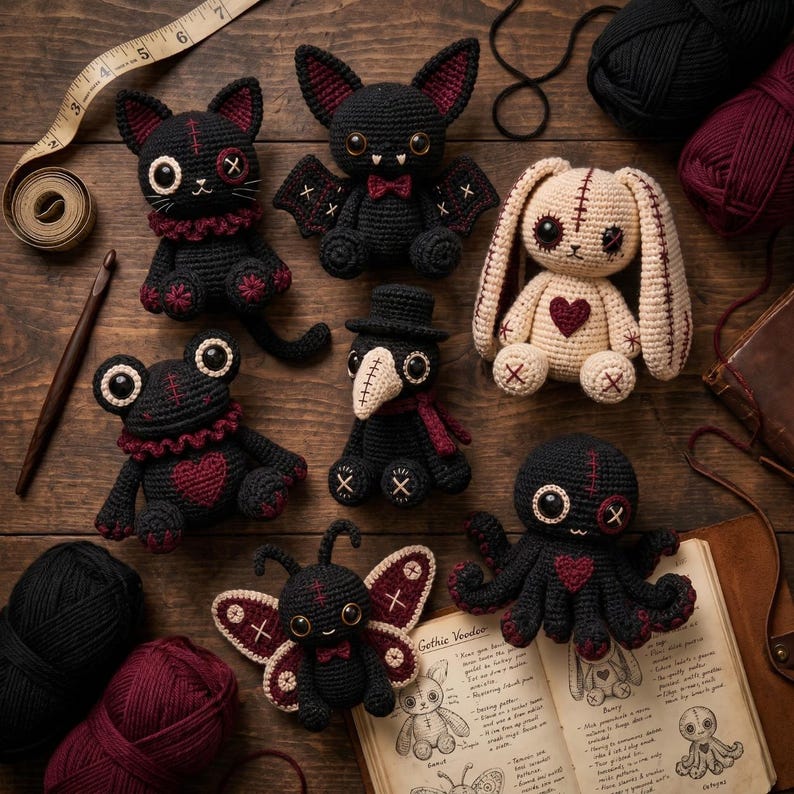 May include: A collection of seven crocheted plush toys including a black cat, a bat, a cream rabbit with a heart, a frog, a plague doctor, a butterfly, and an octopus, arranged with yarn, a crochet hook, a measuring tape, and an open book.