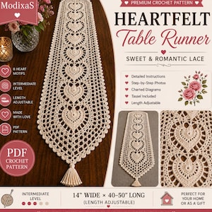 May include: Cream-colored crochet table runner with a heart motif design. The runner is 14 inches wide and adjustable from 40 to 50 inches long. The design includes a tassel and is described as sweet and romantic. The pattern is available as a PDF.