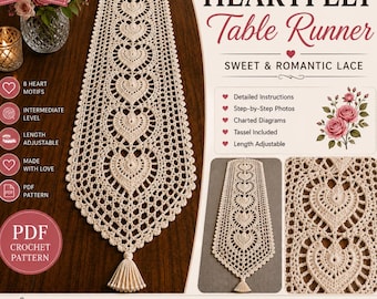 Crochet Table Runner Pattern PDF, Heart Motif Lace Runner, Shabby Chic Farmhouse Decor, Instant Download,  Elegant Crochet PDF Pattern