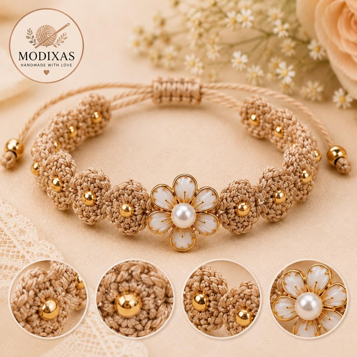 30 Beaded Crochet Patterns to Add Sparkle, Texture, and Giftable Charm 9 Luxury Floral Beaded Crochet Bracelet Pattern