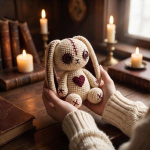 May include: A cream-colored crocheted rabbit doll featuring dark brown button eyes, a stitched maroon heart on its chest, and maroon cross-stitch details on its ears, feet, and forehead. The doll has long, floppy ears and a round, stuffed body.