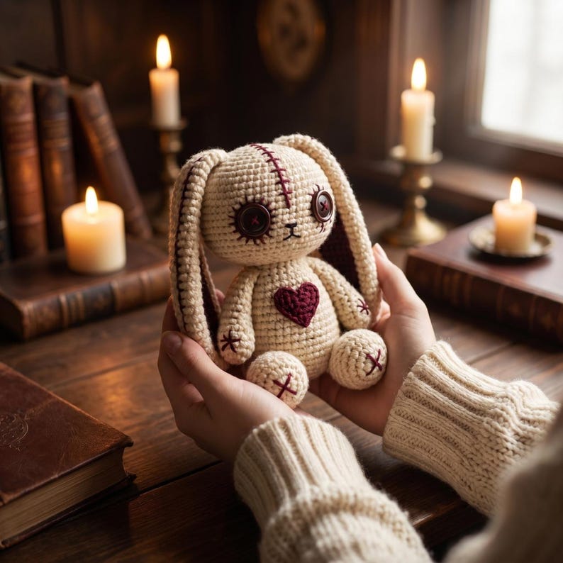 May include: A cream-colored crocheted rabbit doll featuring dark brown button eyes, a stitched maroon heart on its chest, and maroon cross-stitch details on its ears, feet, and forehead. The doll has long, floppy ears and a round, stuffed body.