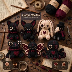 May include: A collection of six crocheted amigurumi figures including a cat, bat, rabbit, plague doctor, frog, and octopus, arranged with yarn, scissors, and books. The figures feature dark colors, stitched details, and heart motifs.