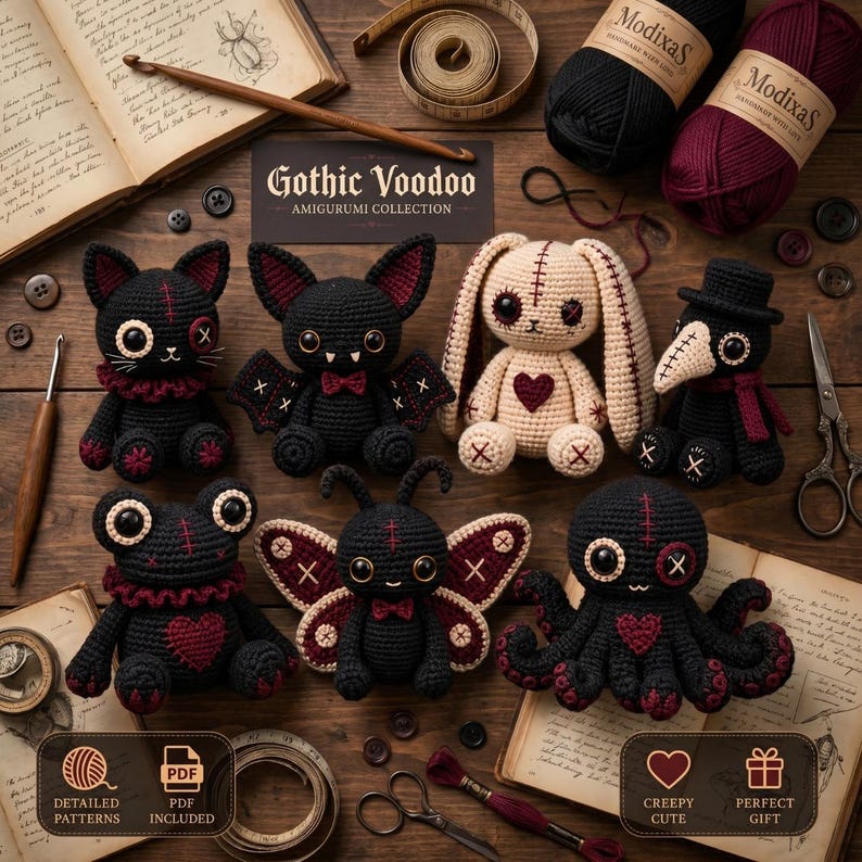 May include: A collection of six crocheted amigurumi figures including a cat, bat, rabbit, plague doctor, frog, and octopus, arranged with yarn, scissors, and books. The figures feature dark colors, stitched details, and heart motifs.