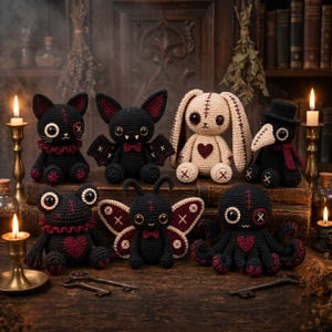 May include: A collection of six handmade crochet plush toys featuring a black cat, a black bat, a cream-colored rabbit, a plague doctor, a frog, a butterfly, and an octopus, all designed with stitched details, button eyes, and dark accents.