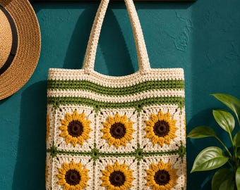 Sunflower Crochet Tote Bag | Handmade Granny Square Shoulder Bag | Cottagecore Market Bag | Boho Crochet Purse