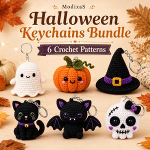 Halloween Crochet Keychain Patterns Bundle: 6 Amigurumi PDF Designs Ghost • Pumpkin • Witch Hat • Cat • Bat • Skull