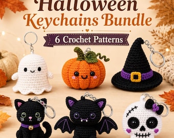 Halloween Crochet Keychain Patterns Bundle: 6 Amigurumi PDF Designs Ghost • Pumpkin • Witch Hat • Cat • Bat • Skull
